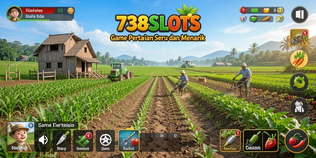 Tampilan gameplay 738SLOTS dengan ladang yang subur dan karakter lucu.