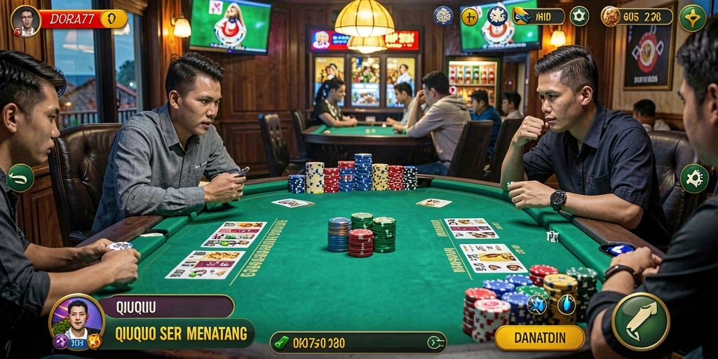 Tampilan gameplay menegangkan dalam DORA77 saat bermain QiuQiu.