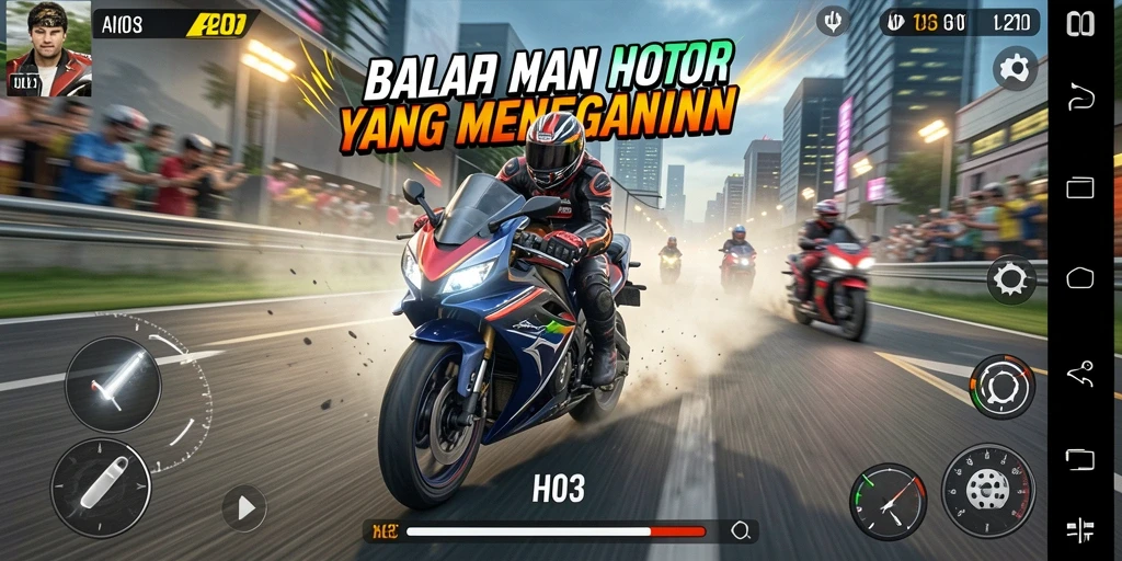 Gameplay menegangkan dalam H03 dengan motor balap yang cepat.