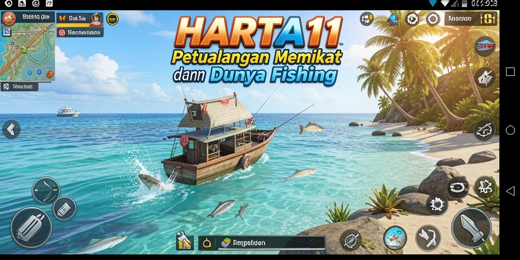 Tangkapan layar HARTA11 menampilkan aksi memancing seru dan grafis menakjubkan.