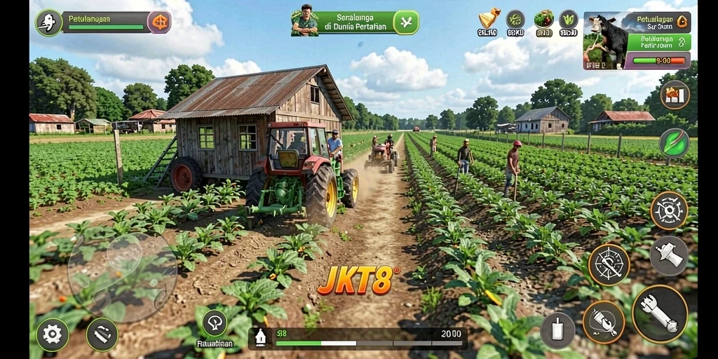 Screenshot gameplay JKT8 menunjukkan aktivitas bertani yang seru.