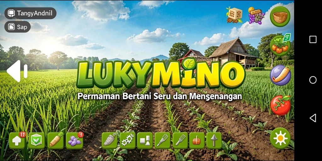 Tampilan gameplay seru di LUKYMINO dengan aktivitas bertani.