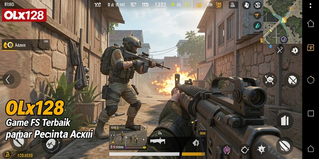 Screenshot utama OLX128 menampilkan aksi seru dalam gameplay FPS.