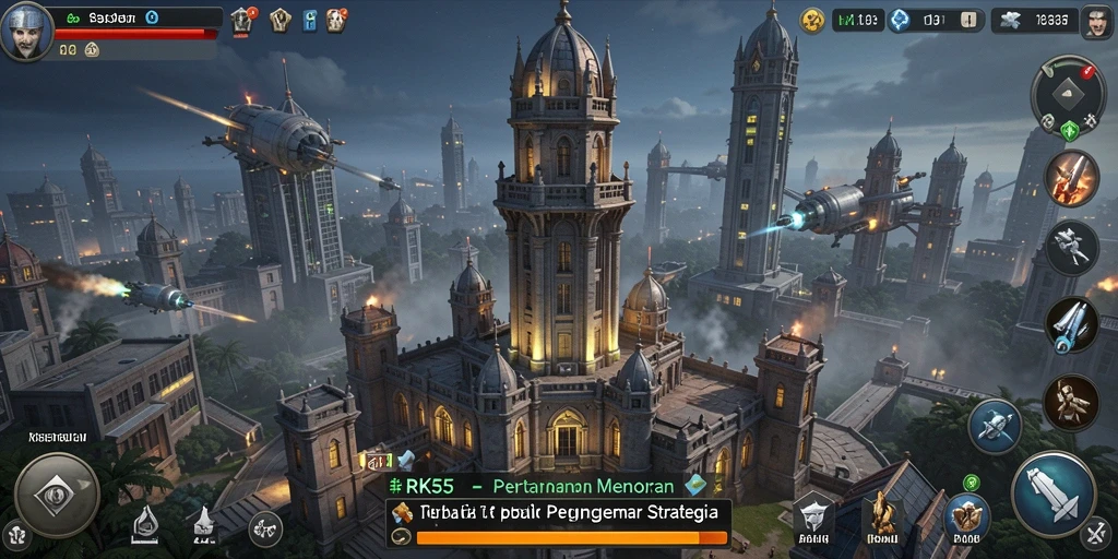 Tampilan gameplay menakjubkan di RK55, menara pertahanan melawan gelombang musuh.