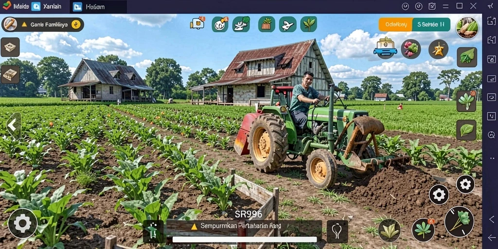 Screenshot gameplay SR996 menampilkan lahan pertanian yang luas dan berwarna-warni.