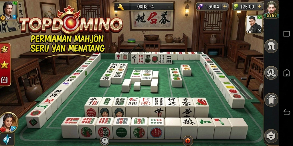 Tangkapan layar utama game TOPDOMINO dengan gameplay Mahjong yang mendebarkan.
