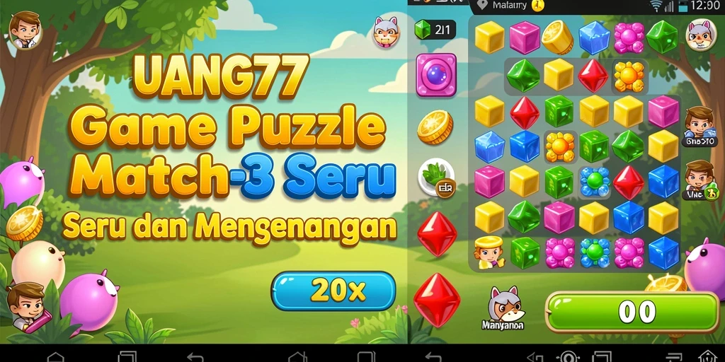Tampilan gameplay UANG77 yang menyeru dengan level Match-3.