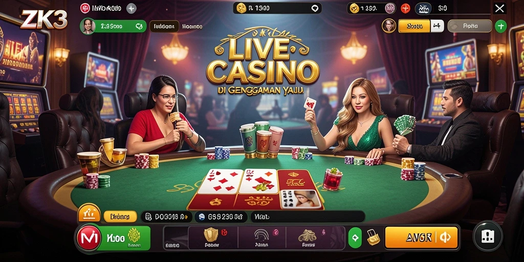 Screenshot gameplay ZK3 menunjukkan dealer profesional dan suasana kasino langsung.